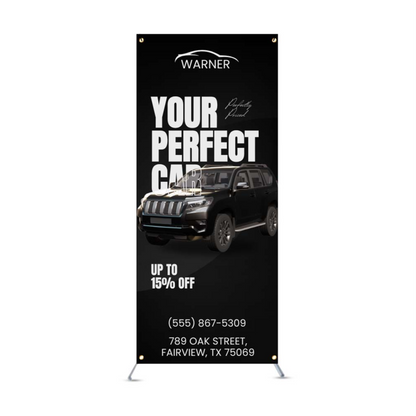 Studio product mockup of a sleek black custom printed automotive dealership X-banner showcasing a car discount promotion.⁠