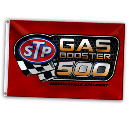 Custom printed red STP Gas Booster 500 racing flag with checkered flag design and brass grommets.