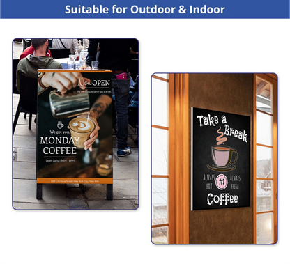 A two-panel layout showcasing a custom printed PVC sign used outdoors in an A-frame holder and indoors mounted to a wood wall.⁠