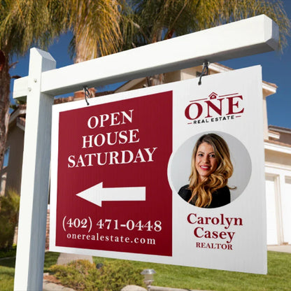 Custom real estate open house yard sign made of corrugated plastic hanging from a white post.