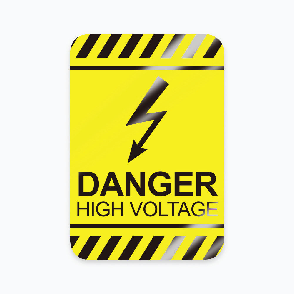 Yellow and black reflective aluminum safety sign with a lightning bolt graphic reading Danger High Voltage.
