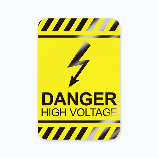 Yellow and black reflective aluminum safety sign with a lightning bolt graphic reading Danger High Voltage.