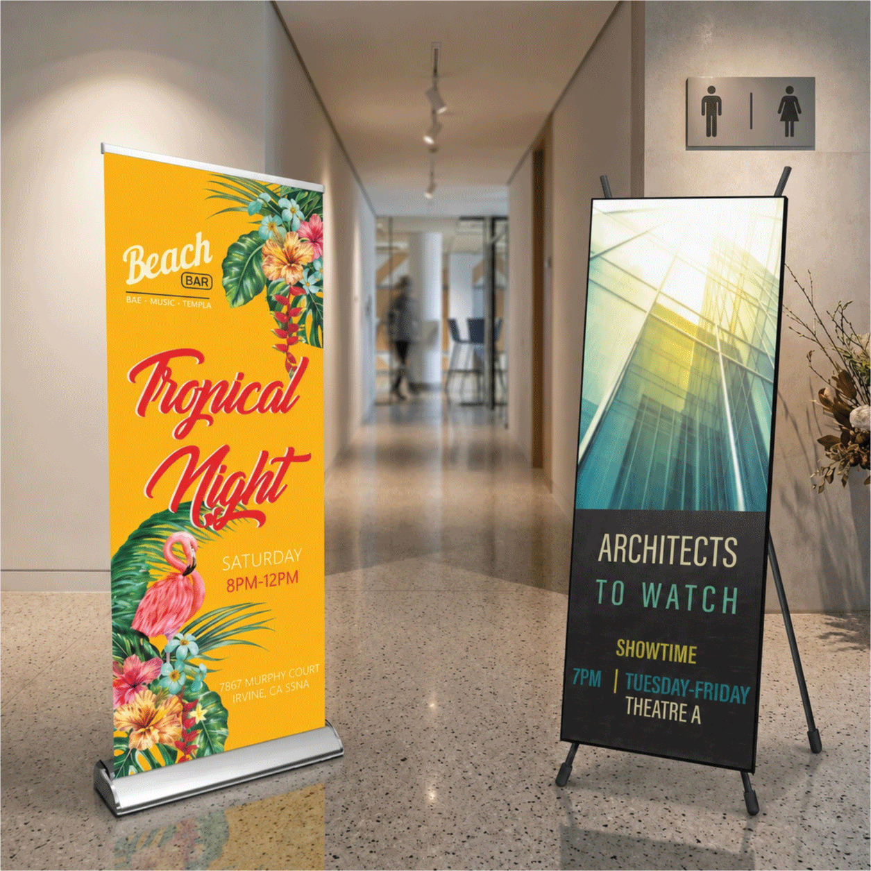 Custom indoor sign stands featuring a colorful yellow Beach Bar Tropical Night retractable pull-up banner and a blue Architects to Watch X-frame banner stand displayed in a modern building hallway.