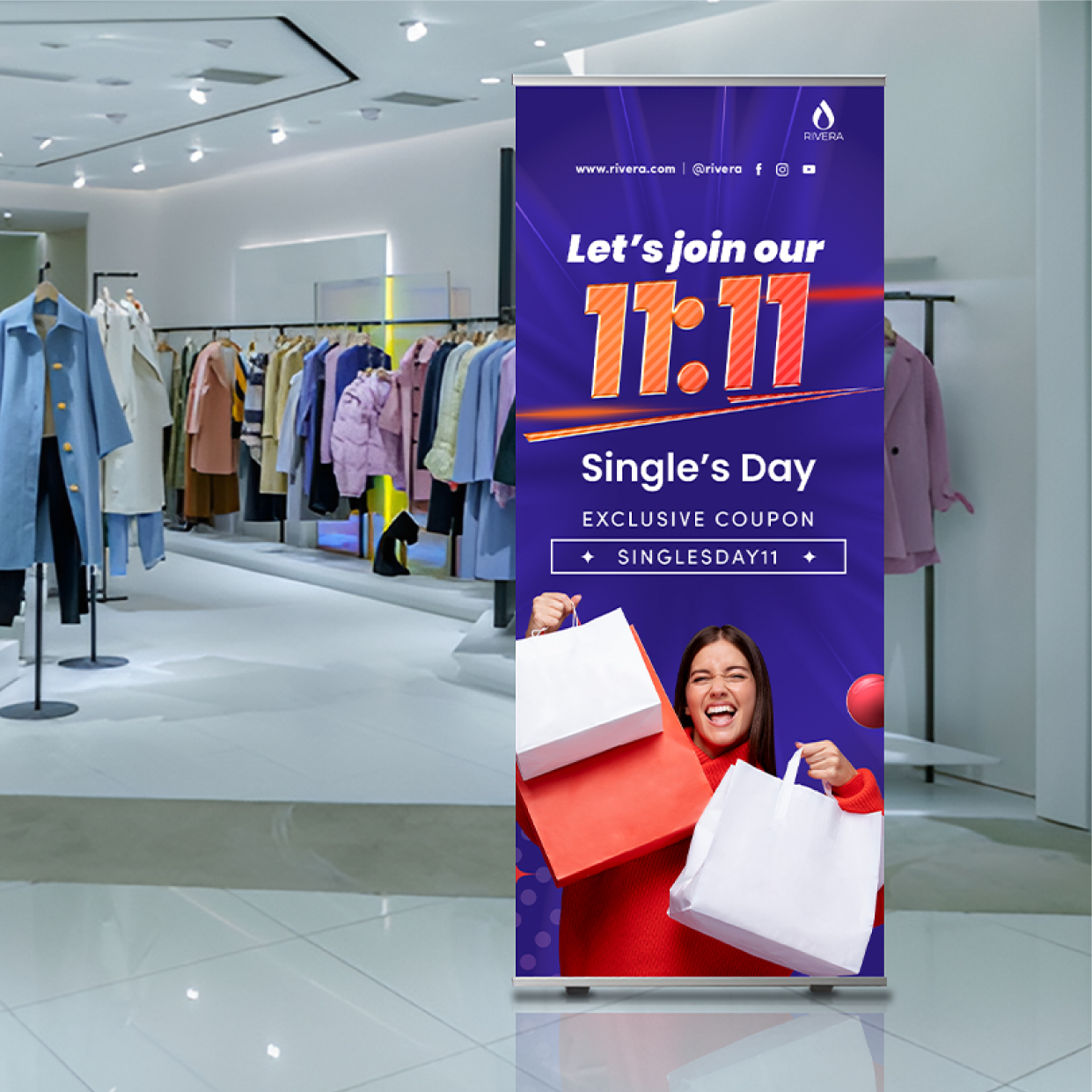 A vertical purple custom retractable pull-up banner displaying a retail promotional event inside a clothing boutique.⁠