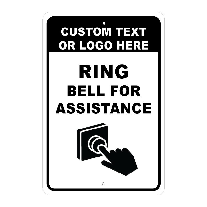 Custom service sign template featuring a bold hand pressing a doorbell button icon, paired with a customizable header block reading "CUSTOM TEXT OR LOGO HERE".