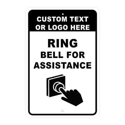 Custom service sign template featuring a bold hand pressing a doorbell button icon, paired with a customizable header block reading "CUSTOM TEXT OR LOGO HERE".