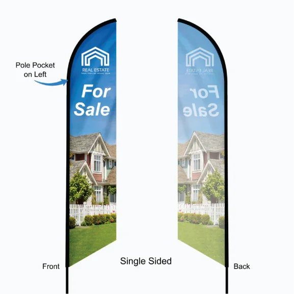Detailed view of a single-sided custom feather flag with mirror image back print.