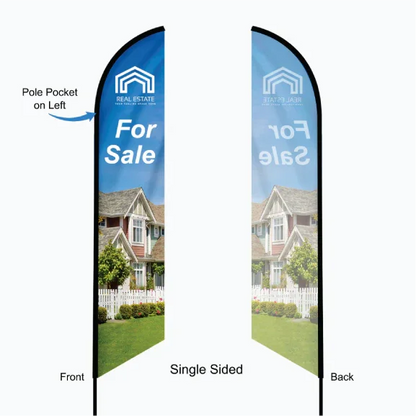 Detailed view of a single-sided custom feather flag with mirror image back print.