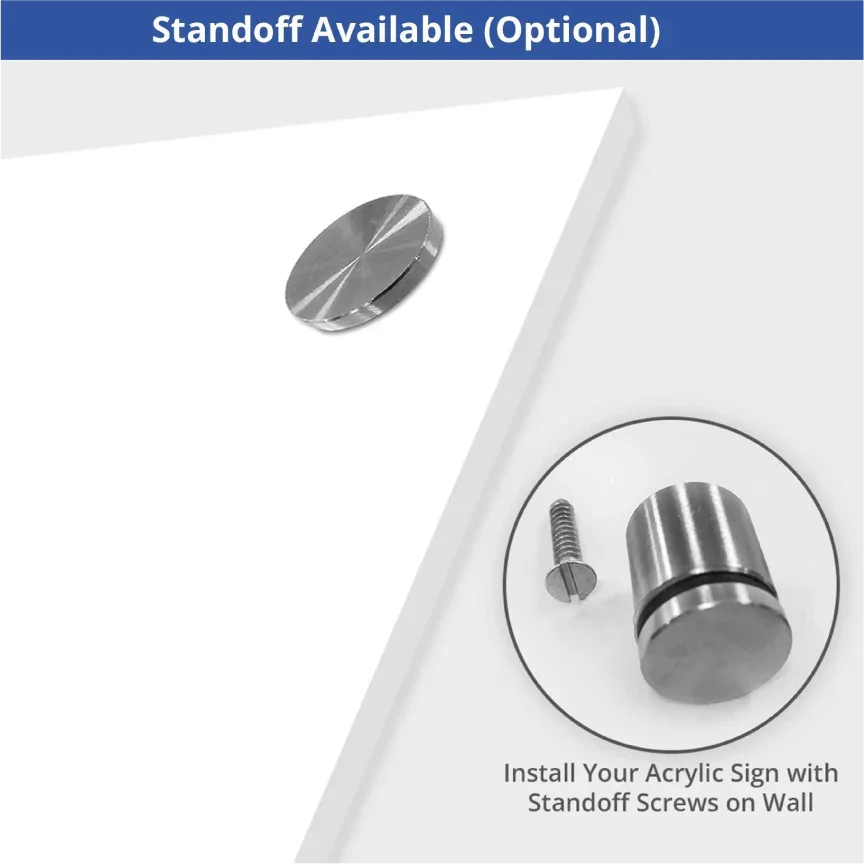 Close up of stainless steel standoff mounting hardware for acrylic signs.