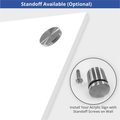 Close up of stainless steel standoff mounting hardware for acrylic signs.