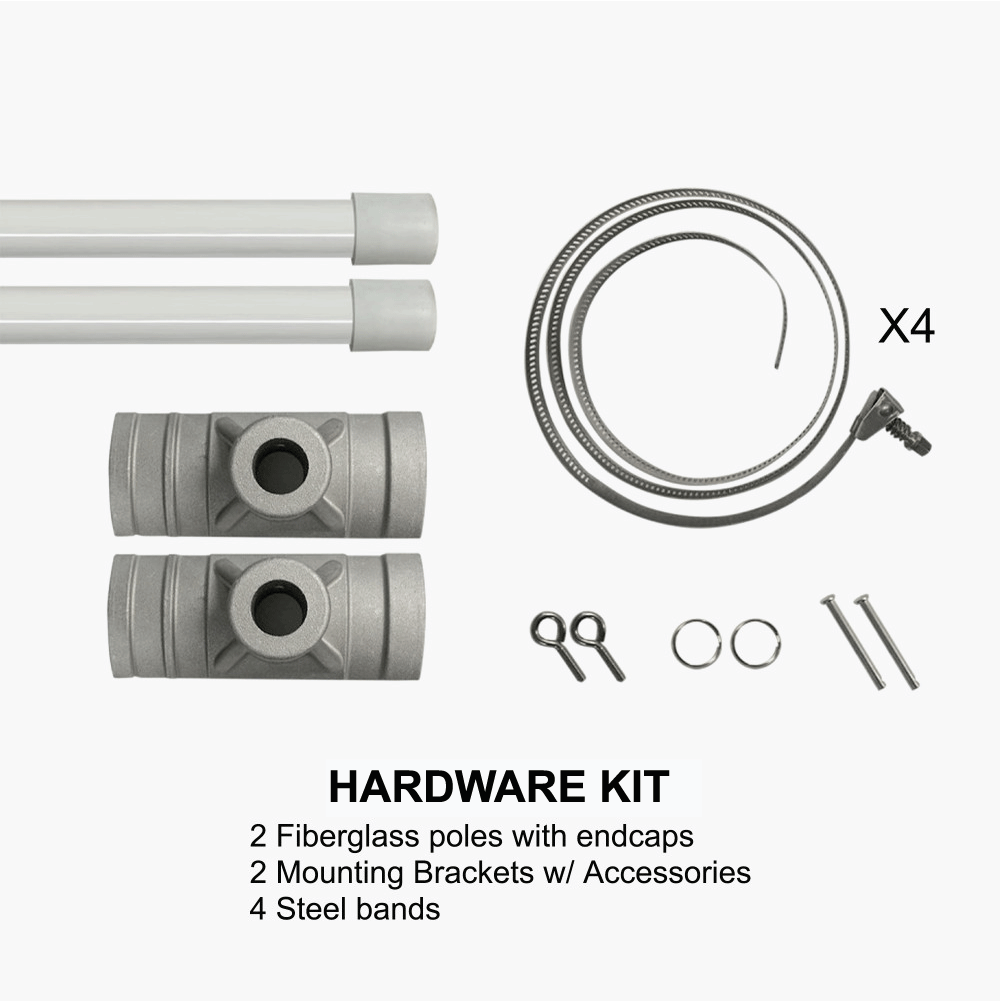 Street pole banner hardware kit including two fiberglass poles with endcaps, two mounting brackets, and four steel bands.