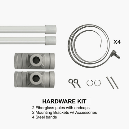 Street pole banner hardware kit including two fiberglass poles with endcaps, two mounting brackets, and four steel bands.