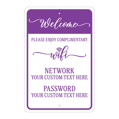 Custom Welcome Complimentary Wi-Fi sign template featuring a stylized script header reading "Welcome" and dedicated customizable blocks for guest network and password credentials.