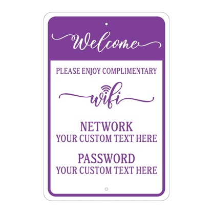 Custom Welcome Complimentary Wi-Fi sign template featuring a stylized script header reading "Welcome" and dedicated customizable blocks for guest network and password credentials.