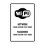 Custom Wi-Fi sign template featuring a bold Wi-Fi icon at the top with customizable text blocks for network names and network passwords.