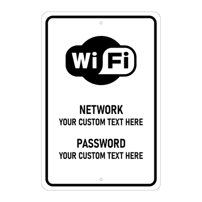 Custom Wi-Fi sign template featuring a bold Wi-Fi icon at the top with customizable text blocks for network names and network passwords.