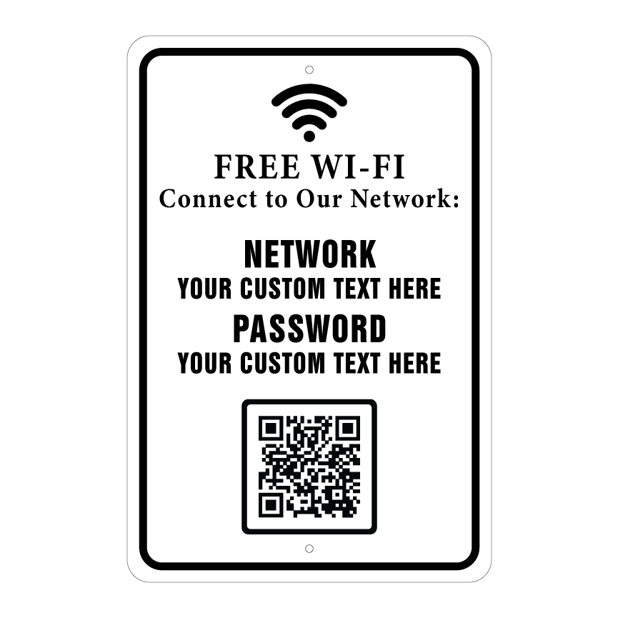 Custom Wi-Fi sign template featuring a bold "FREE WI-FI" header, customizable text lines for network and password, and a designated QR code scan block at the bottom.