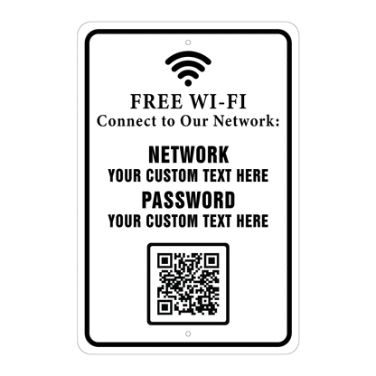 Custom Wi-Fi sign template featuring a bold "FREE WI-FI" header, customizable text lines for network and password, and a designated QR code scan block at the bottom.