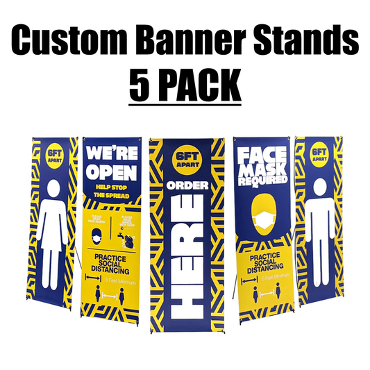 Product graphic showcasing a five pack bundle of custom printed blue and yellow retail X-stand banners.⁠