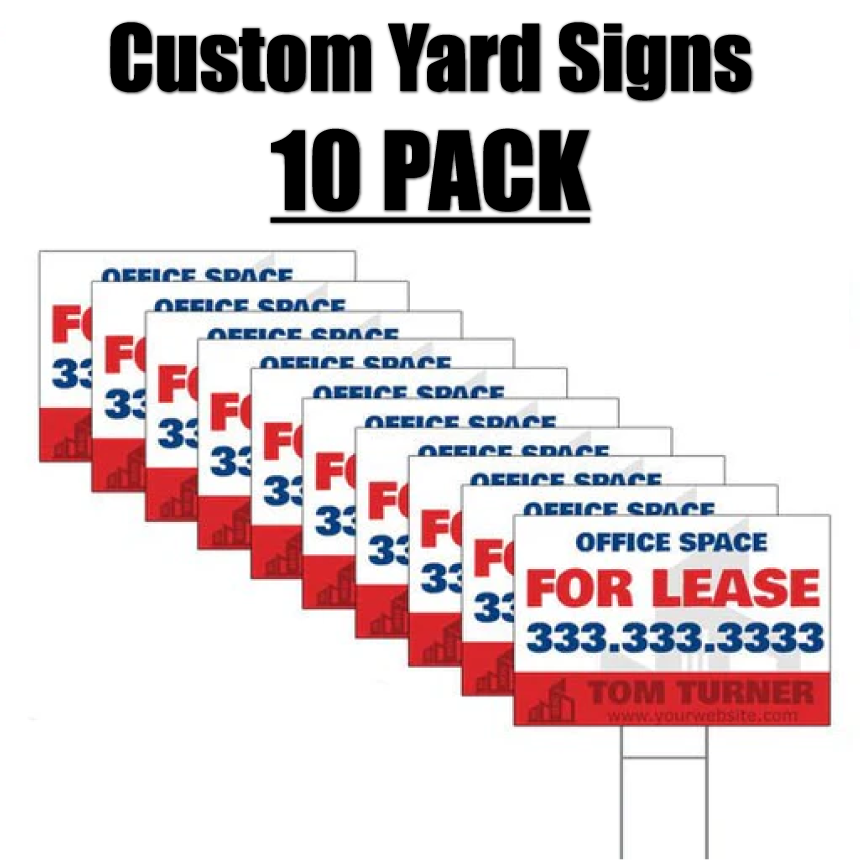 Product graphic showcasing a ten pack bulk bundle of custom printed corrugated plastic real estate office space for lease yard signs.⁠