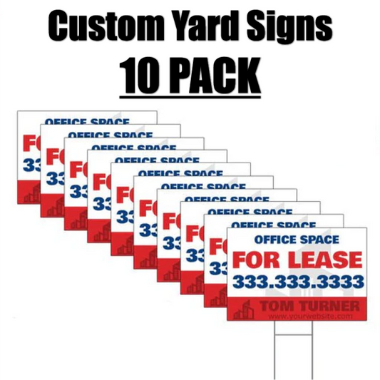 Product graphic showcasing a ten pack bulk bundle of custom printed corrugated plastic real estate office space for lease yard signs.⁠