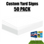Product graphic showing a massive stacked pile of blank white coroplast signs representing a fifty pack bulk wholesale custom yard sign bundle.⁠