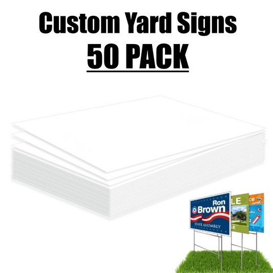 Product graphic showing a massive stacked pile of blank white coroplast signs representing a fifty pack bulk wholesale custom yard sign bundle.⁠