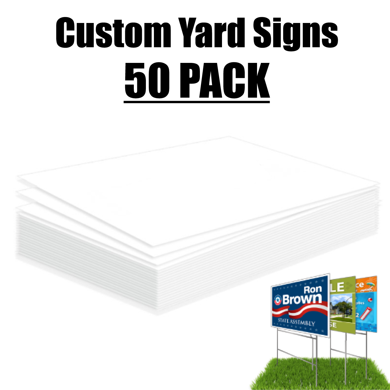Product graphic showing a massive stacked pile of blank white coroplast signs representing a fifty pack bulk wholesale custom yard sign bundle.⁠