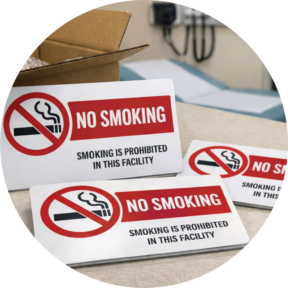 Customer review photo showing a collection of printed commercial facility signs reading No Smoking, Smoking is Prohibited in this Facility with a universal red prohibition symbol, next to an open cardboard shipping box.