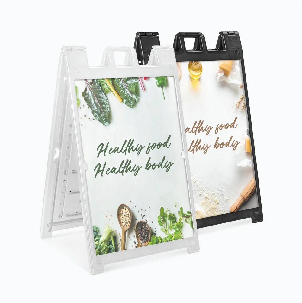 Comparison of white and black custom-printed plastic sandwich boards for storefront advertising and directional signage