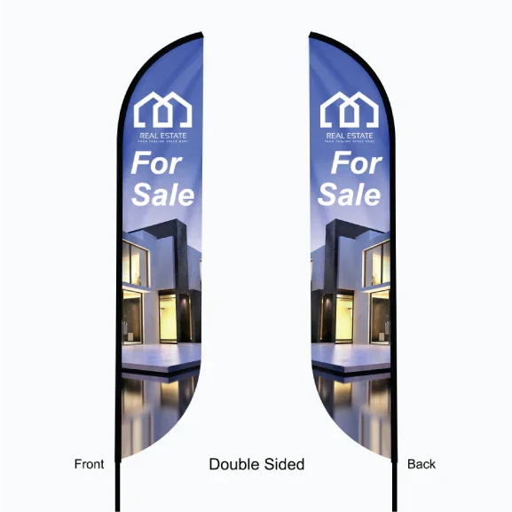 Graphic layout showing a double-sided feather flag with correct, readable text on both the front and back sides.
