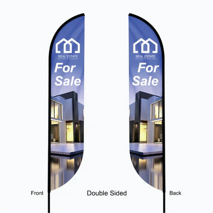 Graphic layout showing a double-sided feather flag with correct, readable text on both the front and back sides.