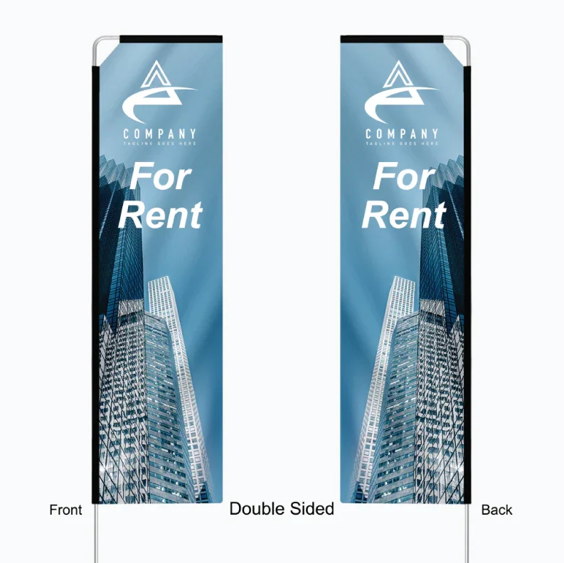 Graphic template layout showing a double-sided rectangle flag featuring correct, readable text on both front and back sides.⁠