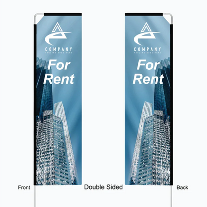Graphic template layout showing a double-sided rectangle flag featuring correct, readable text on both front and back sides.⁠