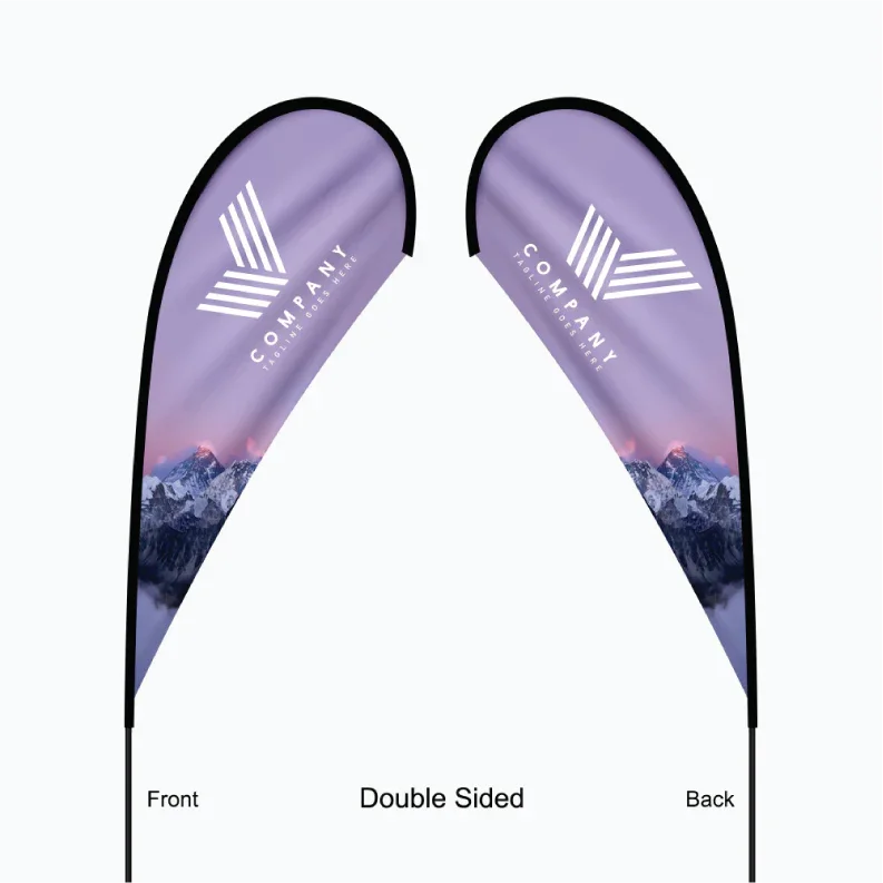 Graphic layout template showing a double-sided teardrop flag featuring readable text on both front and back sides.