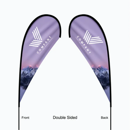 Graphic layout template showing a double-sided teardrop flag featuring readable text on both front and back sides.