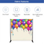 A colorful balloon design custom backdrop banner displaying fabric product features such as wrinkle resistance, washability, and high-quality dye-sublimation printing.⁠