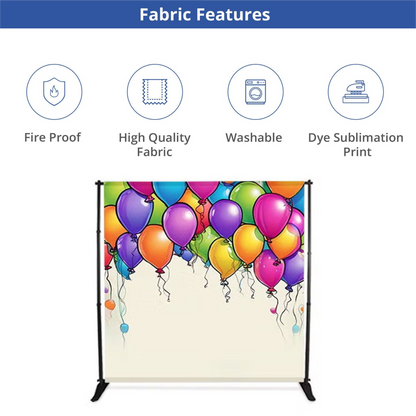 A colorful balloon design custom backdrop banner displaying fabric product features such as wrinkle resistance, washability, and high-quality dye-sublimation printing.⁠