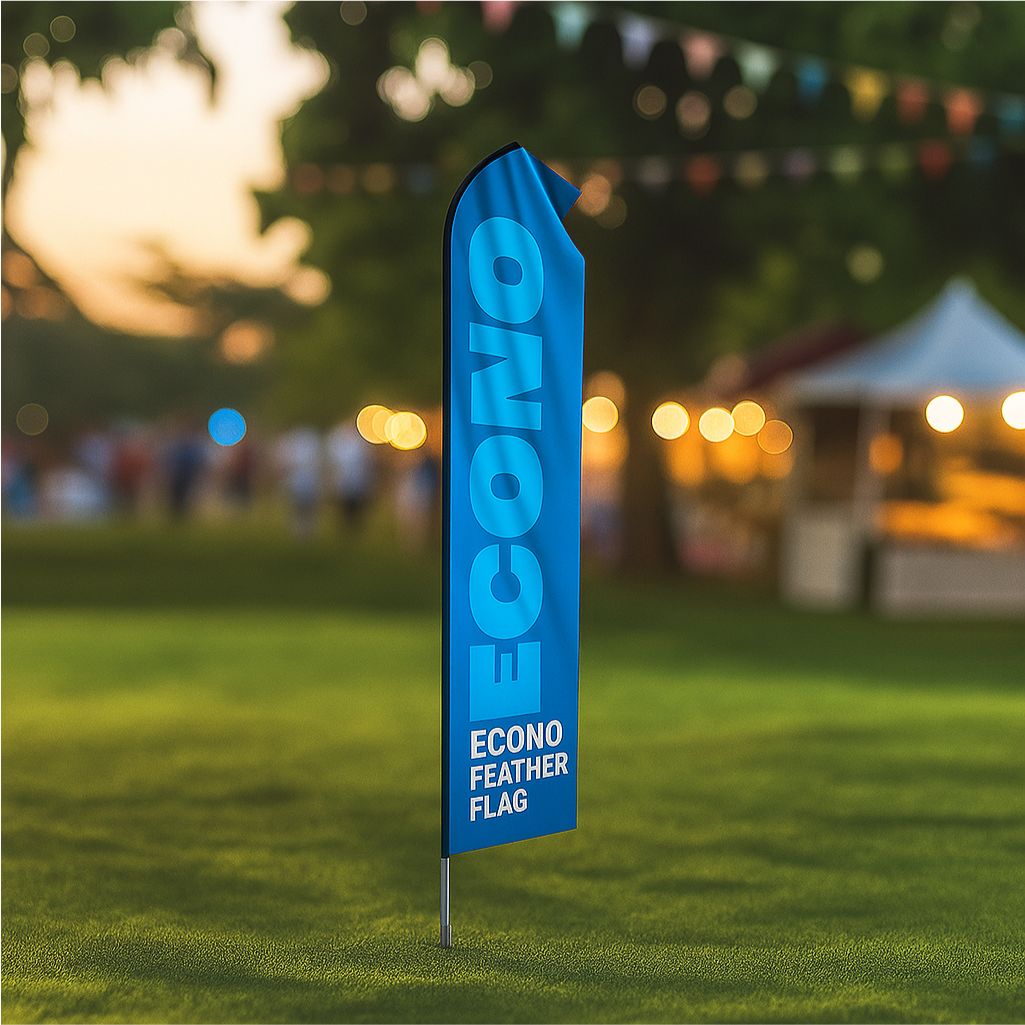 Blue Econo feather flag sign standing on a grass lawn with a blurred outdoor event background.