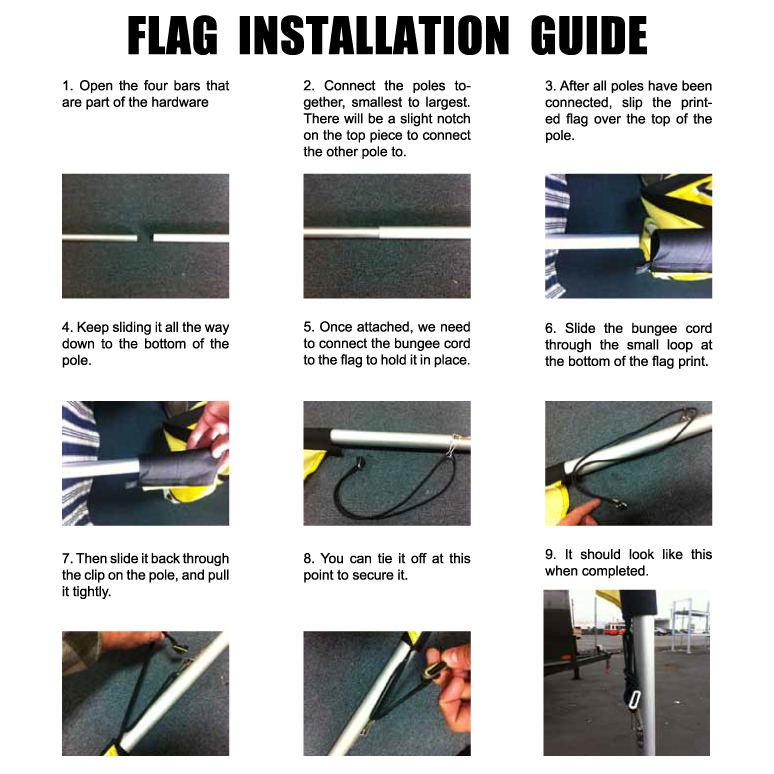 Step-by-step graphic instruction guide showing how to assemble and install an Econo feather flag sign.