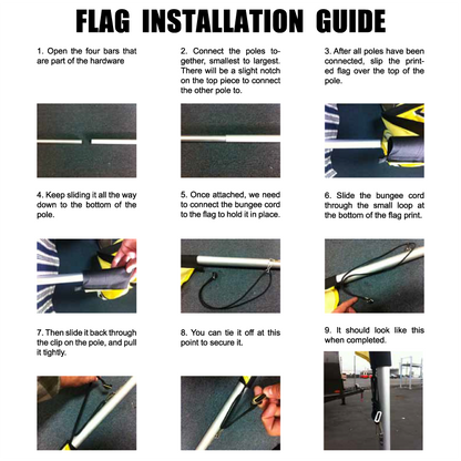Step-by-step graphic instruction guide showing how to assemble and install an Econo feather flag sign.