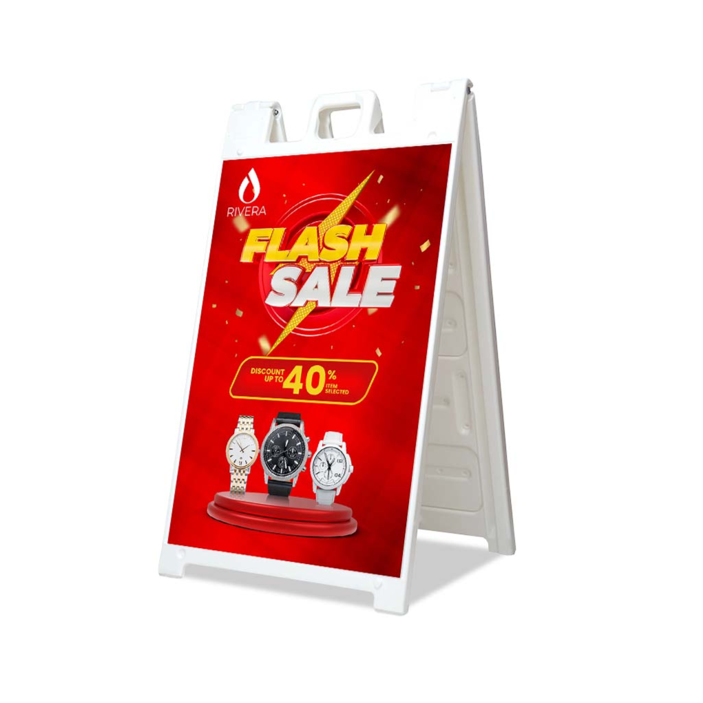 White Economy Signicade A-frame sidewalk sign featuring a bold red flash sale graphic insert.⁠