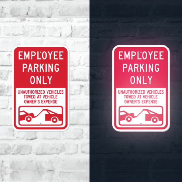 A split-panel layout comparing an Employee Parking Only red aluminum sign in daylight versus its glowing, high-visibility reflectivity at night.⁠