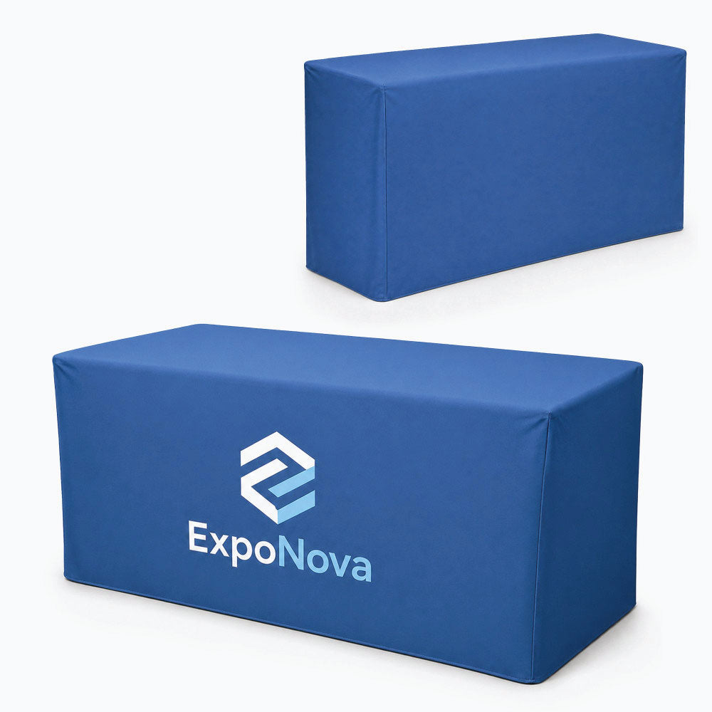 Two blue rectangular fabric-covered storage boxes or utility bins on a clean white background, with the front box printed with the ExpoNova logo.