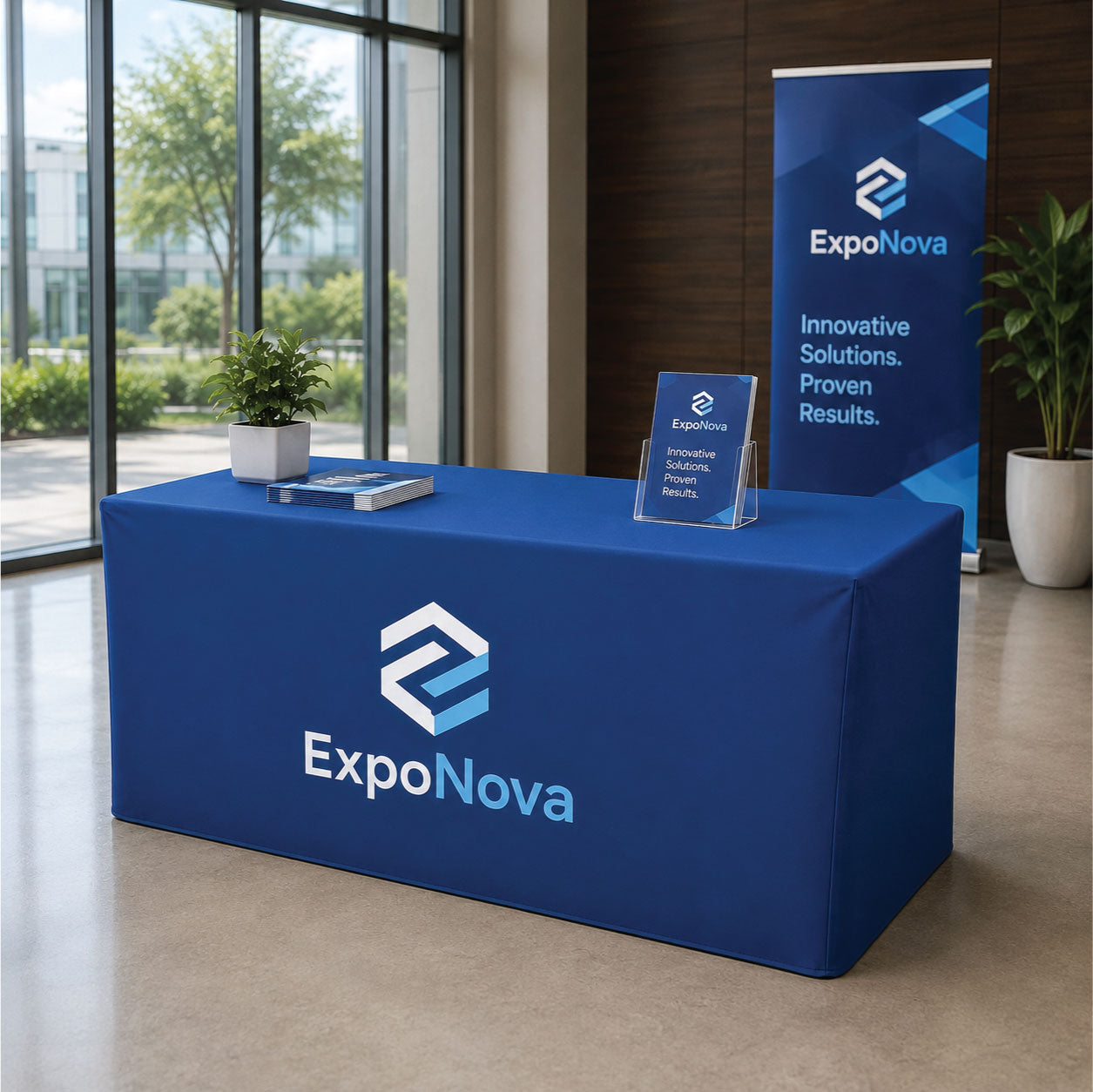 A blue ExpoNova branded table cover on a rectangular table, with a matching vertical banner and acrylic sign in a modern indoor event space with large windows and plants.