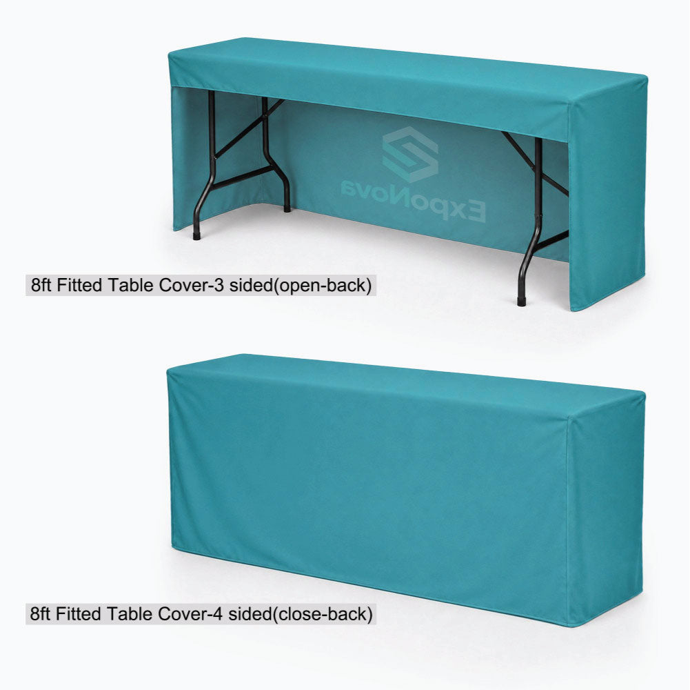 Two teal table covers shown on a white background, labeled as 8ft Fitted Table Cover-3 sides(open-back) and 8ft Fitted Table Cover-4 sides(close-back).