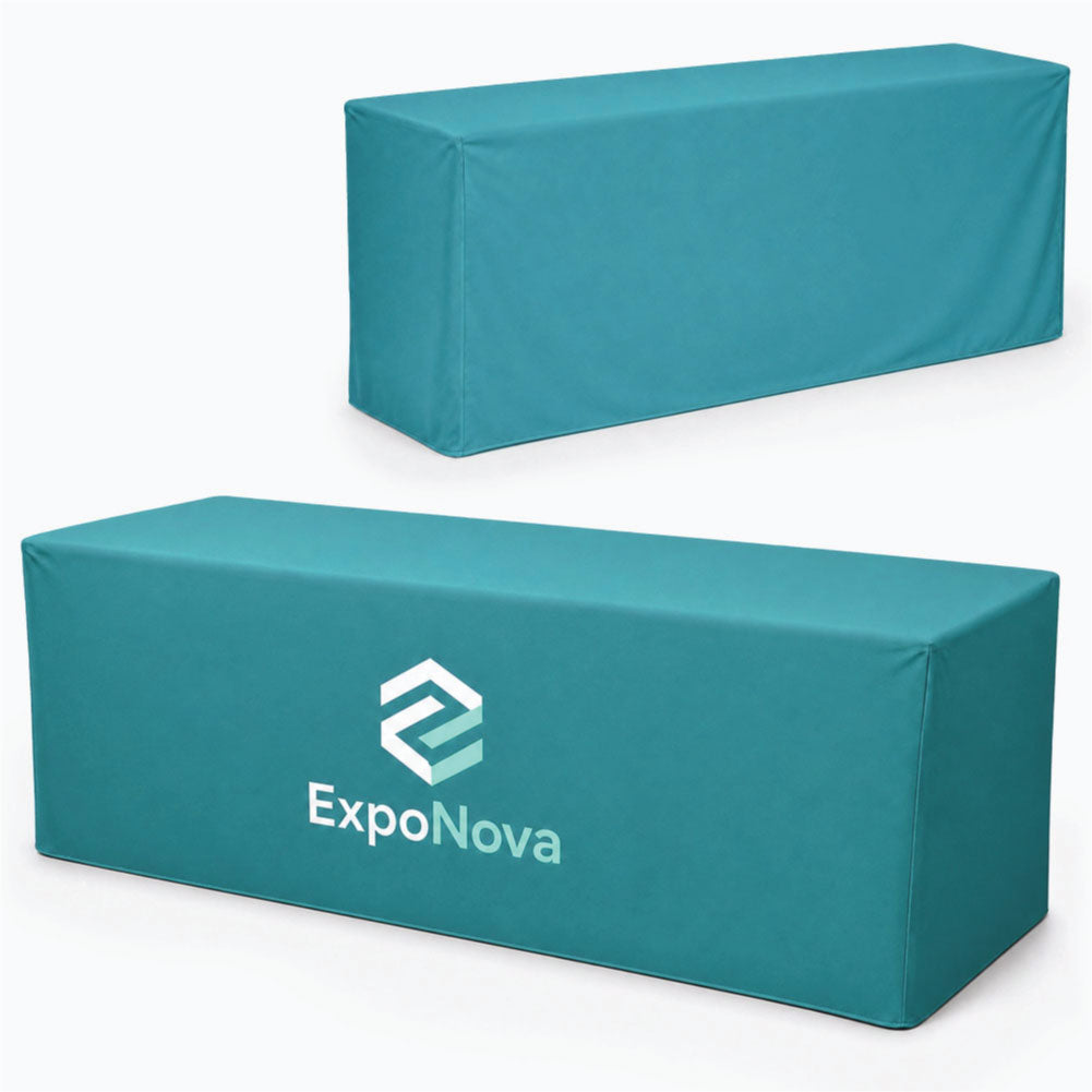 Two teal rectangular table covers shown on a white background, with the lower cover branded with the ExpoNova logo.