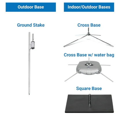 Technical diagram highlighting outdoor ground stakes and indoor cross base options with water bags for flag stability.⁠