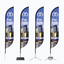 Product graphic showcasing four different base stand options for a dark blue feather flag.⁠