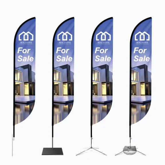 Product graphic showcasing four different base stand options for a dark blue feather flag.⁠